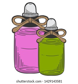 Bottle with massage oil, aromatherapy. Vector concept in doodle and sketch style. Hand drawn illustration for printing on T-shirts, postcards.