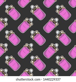Bottle with massage oil, aromatherapy. Vector concept in doodle and sketch style. Hand drawn illustration for printing on T-shirts, postcards. Seamless pattern for textile, paper wrap.