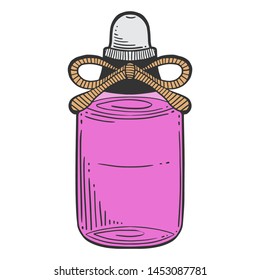 Bottle with massage oil, aromatherapy. Vector concept in doodle and sketch style. Hand drawn illustration for printing on T-shirts, postcards.