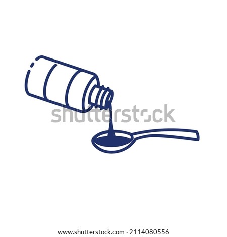 Bottle and measuring spoon with syrup outline icon on white background. Treatment and prevention of SARS. Collection of  monochrome icons on the theme of medical tools and healthcare diagnostics.