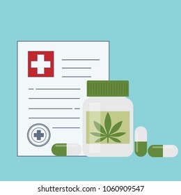 Bottle With Medical Marijuana And Medical Cannabis Pills - Marijuana Tablets. Medical Marijuana In Healthcare A Prescription For Medical Marijuana. Certificate. Safety. Quality. Legalization. Vector.