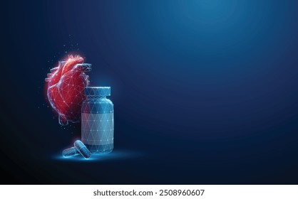 Botella y píldoras médicas frente al corazón humano futurista rojo. Enfermedades del corazón, tratamiento médico y concepto de farmacia Bajo estilo de poli Fondo geométrico Tecnología Wireframe Vector de estructura de neón 