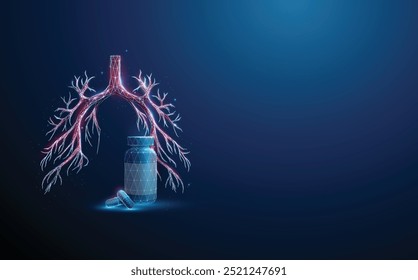 Botella y píldoras médicas frente al futurista árbol bronquial humano rojo. Enfermedades pulmonares, tratamiento médico y concepto de farmacia Baja poli. Fondo geométrico. Estructura de la tecnología Wireframe. Vector.