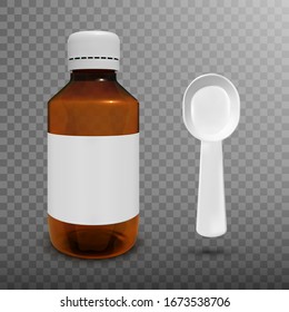 Bottle with medical syrup and measuring plastic spoon on transparent background