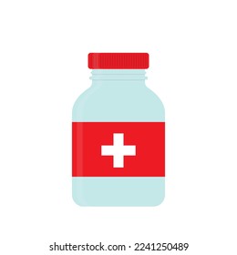 Flasche mit Medikamenten. Pille in einer Flasche. Pharmazie-Design. Flaches Vintage-Style-Illustration. Vektorgrafik einzeln auf weißem Hintergrund