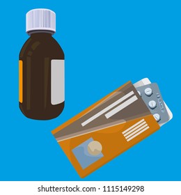 Bottle of medicine and box of pills vector