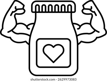A bottle of medicine with a heart on it and a man's arms raised above it. Concept of strength and health