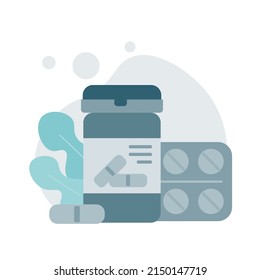 Bottle with medicine in the middle, tablets and capsules. Vector illustration, concept and graphic design.