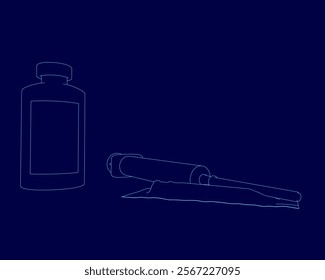 Bottle of medicine is next to a pencil. The pencil is sharpened and ready to use