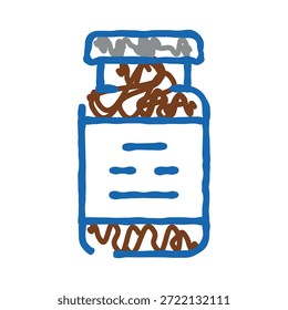 Botella de medicina, posiblemente conteniendo gusanos como remedio tradicional o alternativo, con una desordenada ilustración de estilo de boceto de doodle con contornos azules y contenido marrón sobre un fondo blanco