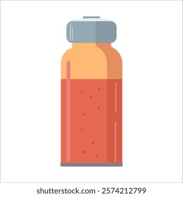 A bottle of medicine is shown in a cartoon style. The bottle is orange and has a silver cap