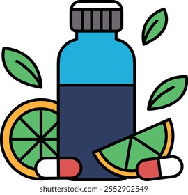 A bottle of medicine is surrounded by a few pills and a slice of orange. Concept of health and wellness, as the medicine and orange are both associated with good health