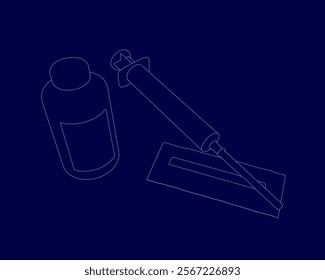 Bottle of medicine and a syringe are placed on a blue background. The syringe is positioned in the middle of the bottle, with the bottle's cap on top of it. Concept of caution and responsibility