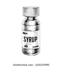 Bottle of medicine syrup. Hand drawn retro vector illustration. Cough remedy vial, vintage-style sketch isolated on white background.