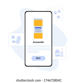 Bottle with medicines in application on the smartphone. Flat vector illustration, medical poster. Online clinic and pharmacy concept. Order and buy pills in remote internet grug store.