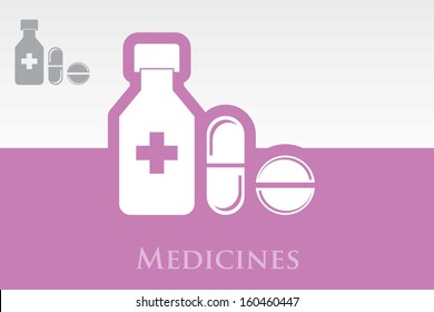 Bottle for medicines and set of various pills and tablets