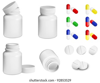 Bottle for medicines and set of various pills and tablets