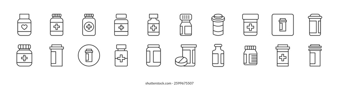 Bottle of Meds Icon Set for UI, Placards, Books, Apps. Editable Stroke. Suitable for Web Sites, Books, Cards, Apps