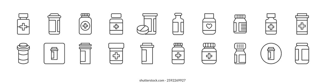 Bottle of Meds Outline Simple Linear Image Collection. Editable Stroke. Suitable for Web Sites, Books, Cards, Apps