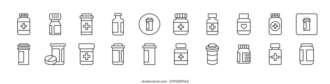Bottle of Meds Set of Thin Icons. Editable Stroke. Suitable for Web Sites, Books, Cards, Apps