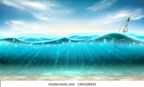 Bottle with message floating in ocean. Vector illustration. Realistic marine scene with underwater sand, sun beams, seashells and glass bottle. Banner with horizontal water surface and clouds.