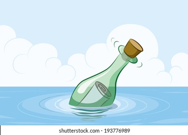 Bottle with message floating on water vector cartoon illustration