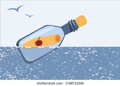 A bottle with a message floats on the sea. Vector illustration. Design of children's products