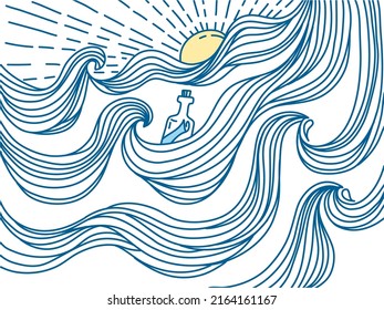 Bottle with a message hand drawn illustration. Vector sea waves outline graphic illustration background with sun for print or design