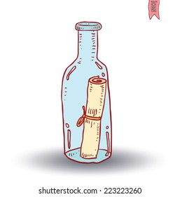 Bottle with message isolated, Hand-drawn vector illustration.