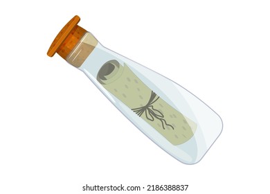 Bottle with message. Letter in glass bottle with cork. Bottle with paper scroll. Pirates, treasures, adventures or marine symbol. Mail or paper roll in flask covered with stopper. Vector illustration