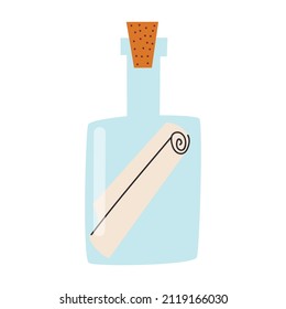 Una botella con un mensaje. Un mensaje en papel. Ilustración del vector