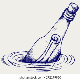 Bottle With A Message In Water. Doodle Style