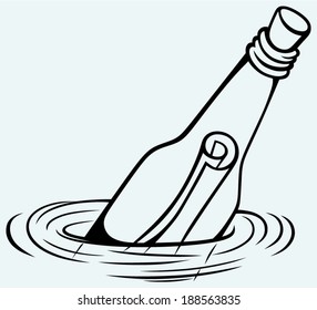Bottle with a message in water. Isolated on blue background