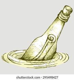 Bottle with a message in water. Vector Image