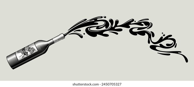 A bottle mid air with a long stream of wine splashing out of it. Black and white drawing in vintage engraving style. Vector illustration