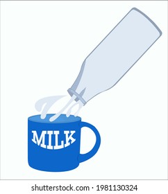 A bottle of milk and a blue cup. Vector illustration.