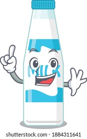 Bottle of milk caricature design style with one finger gesture. Vector illustration