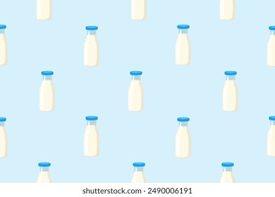 Bottle of milk, carton of milk, jug of milk. Seamless vector pattern.