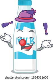 A bottle of milk cartoon design style succeed playing juggling. Vector illustration