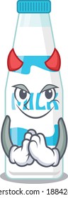 Botella de leche vestida como el concepto de diseño del personaje de dibujos animados del diablo. Ilustración del vector