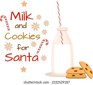 Bottle of Milk and cookies for Santa, christmas card, template, christmas and new year concept. Cookie holds a glass of milk for Santa