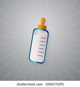 Bottle of milk feeding icon. Vector illustration. Realistic baby device with orange rubber nipple. Liquid container with light and shadow. Flat glare on blue body and glass, gradient background