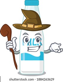Bottle of milk funny but sneaky witch cartoon character design. Vector illustration