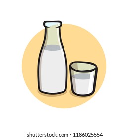 Bottle of milk and a glass. Colorful flat vector illustration. Isolated on white background.