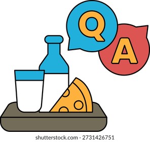 A bottle of milk, a glass, a slice of pizza, and a slice of cheese are on a tray. The tray is on a table