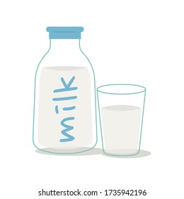 A bottle of milk and a glass of milk vector illustration pastel cartoon isolated on white background.