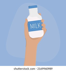 A bottle of milk in a human hand. A man is holding a bottle of milk. A bottle of milk with a blue label. Flat style vector illustration