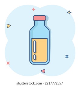 Bottle milk icon in comic style. Flask cartoon vector illustration on white isolated background. Drink container splash effect business concept.