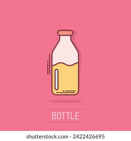 Bottle milk icon in comic style. Flask cartoon vector illustration on white isolated background. Drink container splash effect business concept.