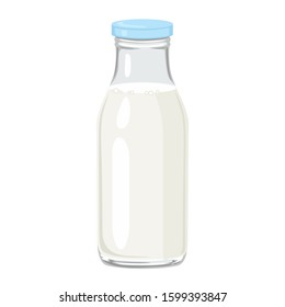 Bottle of milk isolated on white background. Vector illustration of milk in glass bottle with blue cap in cartoon flat style. Dairy product.